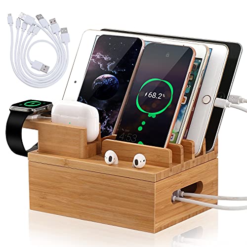 Pezin & Hulin Bamboo Charging Station for Multiple Devices, Desktop Docking Station Organizer for Smarthone, Smart Watch, Earbuds, Cellphone, Tablet, (Included 5 Charging Cables, No USB Charger)